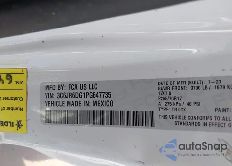 2023 Ram 1500 Classic Tradesman 4X2 8' Box из США, поврежденный, VIN 3C6JR6DG1PG647735